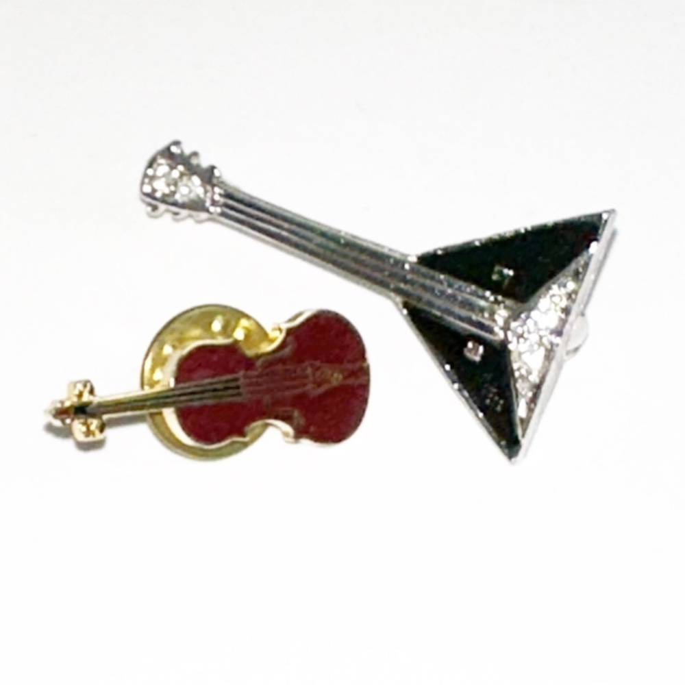 VINTAGE MUSICAL BROOCHES Violin & Triangular Guitar Pins